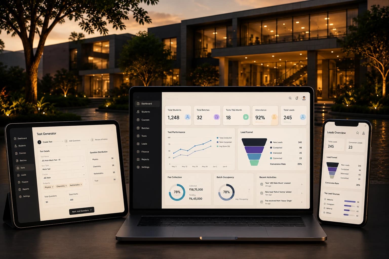 Intellogy software shown on a laptop, tablet and phone at a modern institute campus