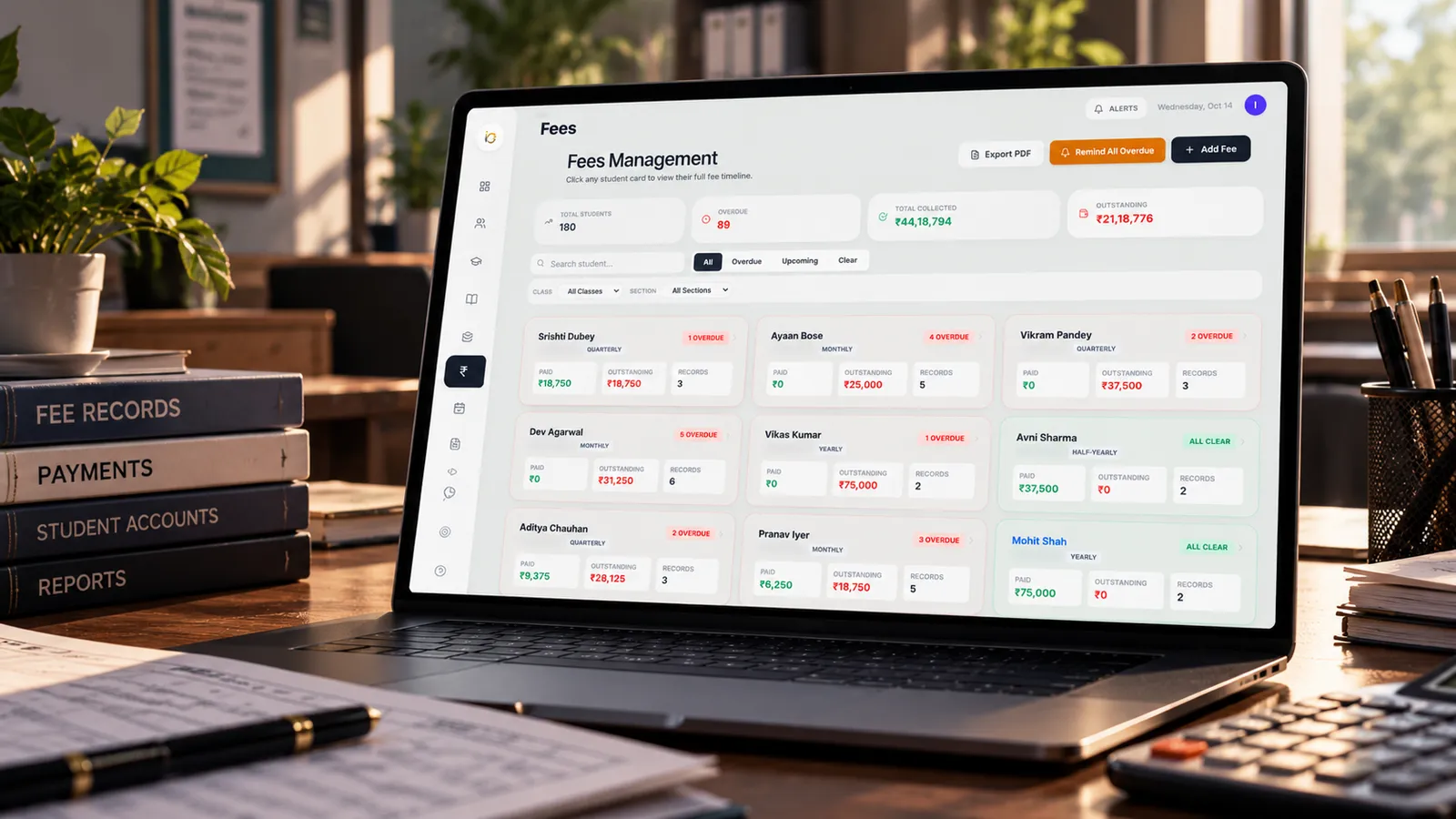 IntellSetu fee management shown on screen — paid, outstanding and overdue fees by student and batch